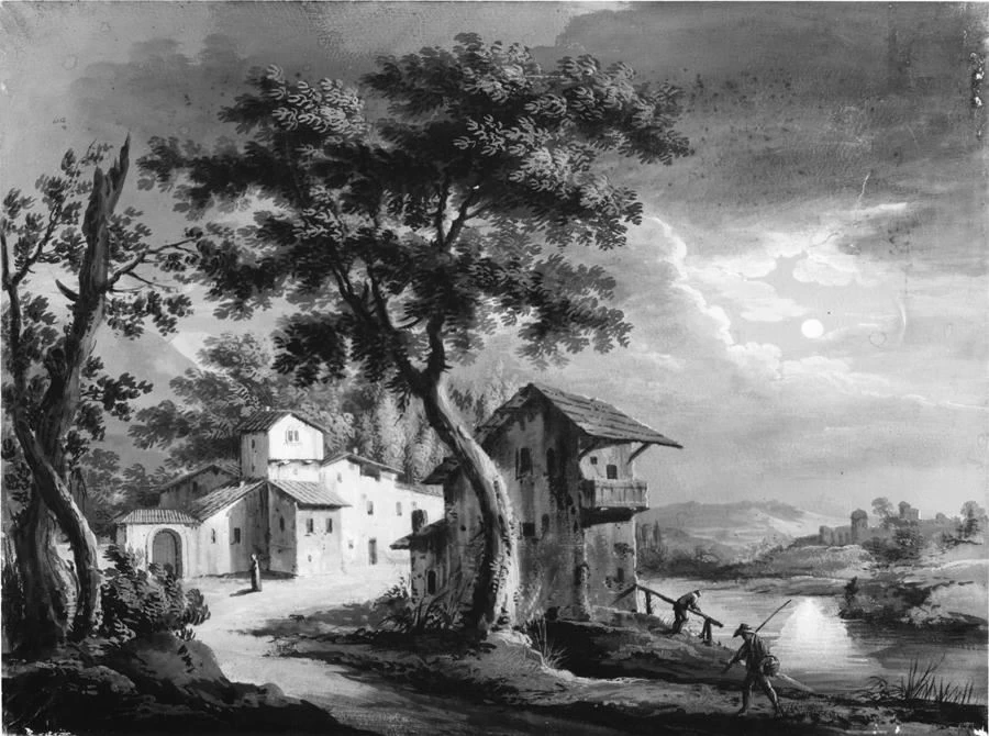 Veduta fantastica con piccolo borgo